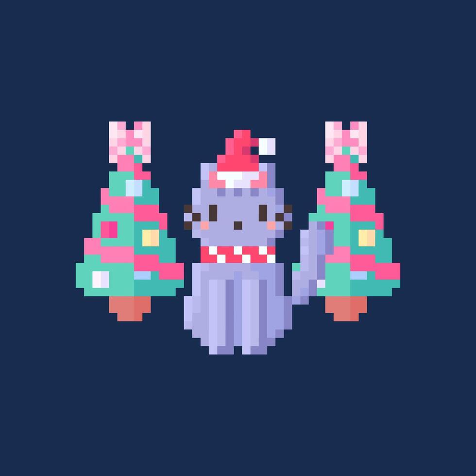 Pixel art of christmas kitty vector