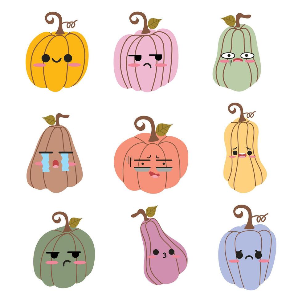 Cute pumpkins set with kawaii style for your design for the halloween holiday vector