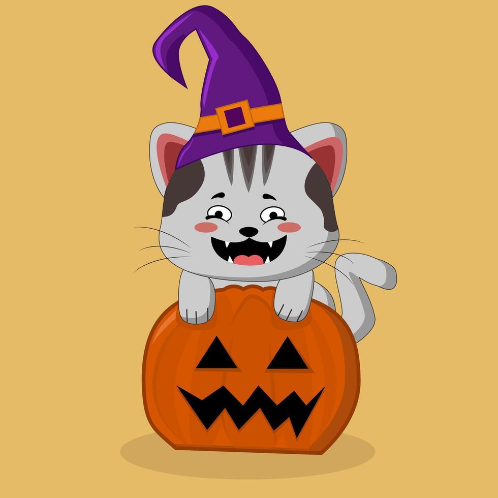Hand drawn cute cat character with pumpkin vector