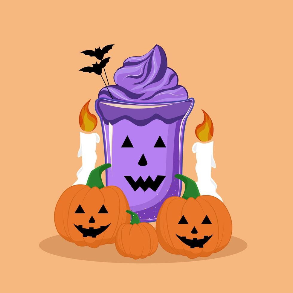 Halloween cup with pumpkin and lantern vector