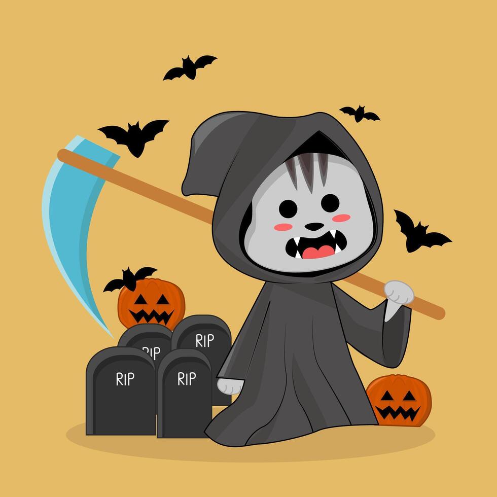 halloween witch with a pumpkin, Death Pumpkin Head Halloween Funny Cat cartoon, Grim Reaper, Halloween vector