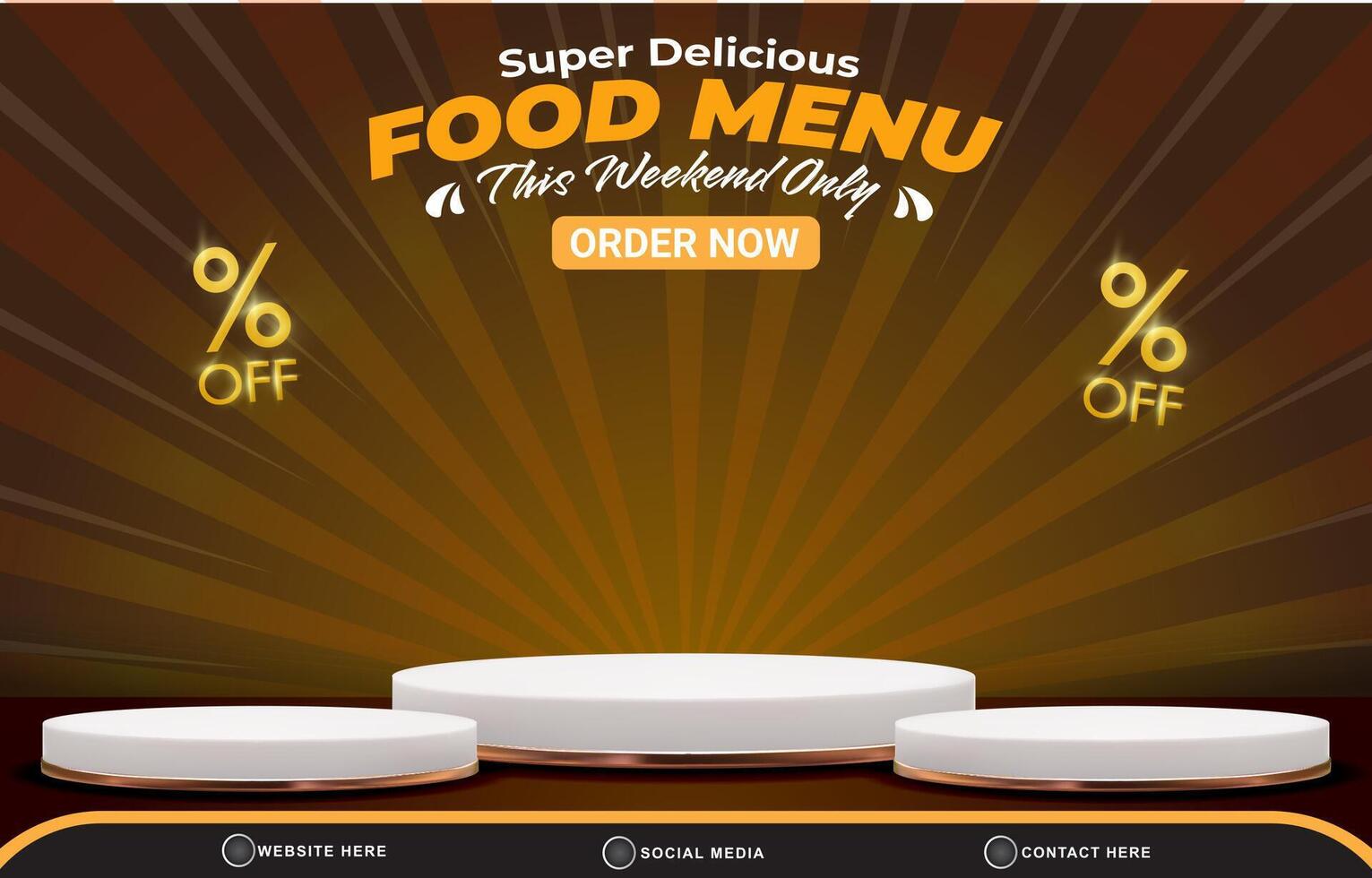 super food menu discount landscape template banner with copy space 3d podium for product sale with abstract gradient brown background design vector