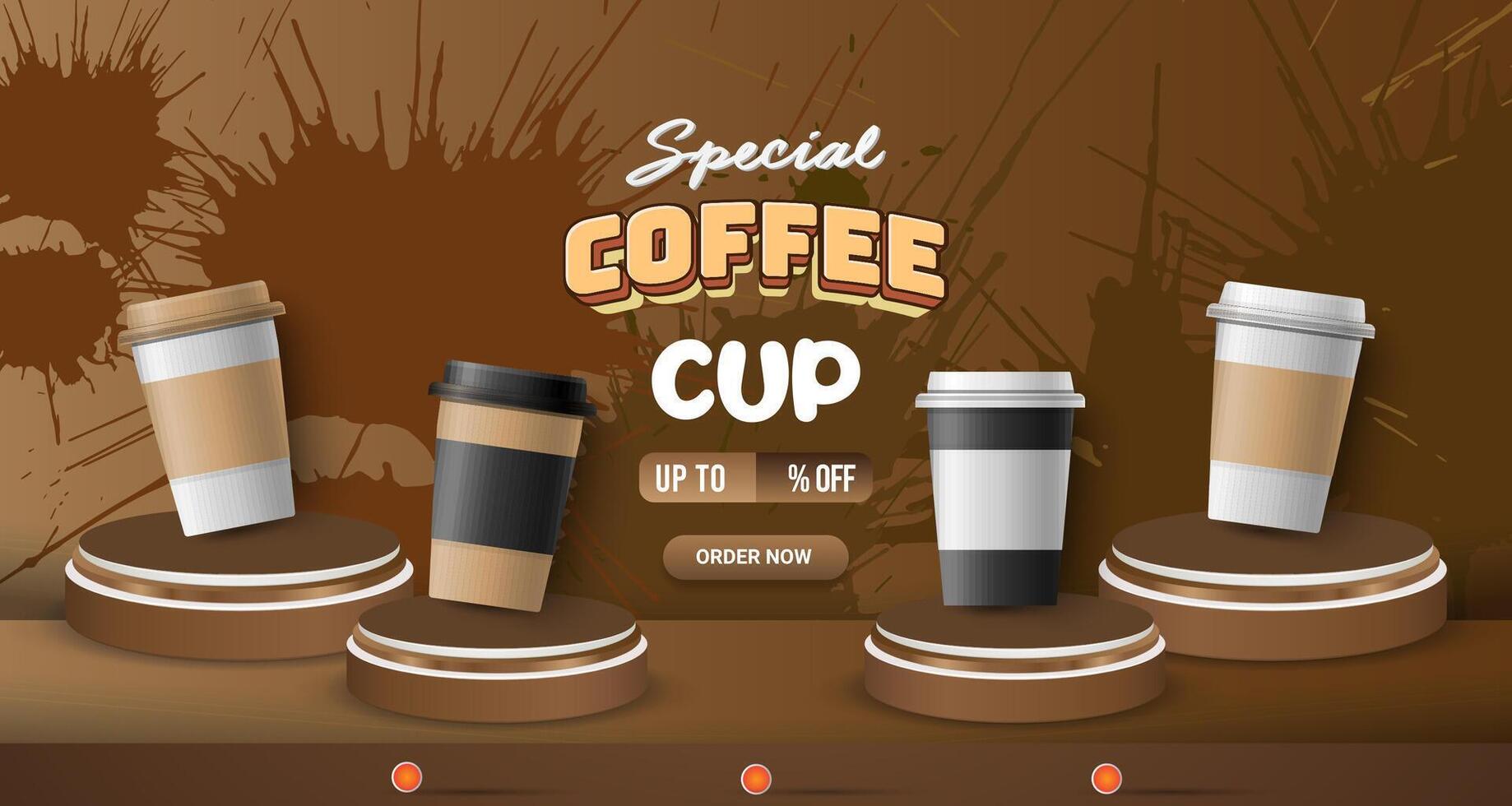 special coffe cup discount with landscape template banner and copy space 3d podium for product sale with abstract gradient brown background design vector