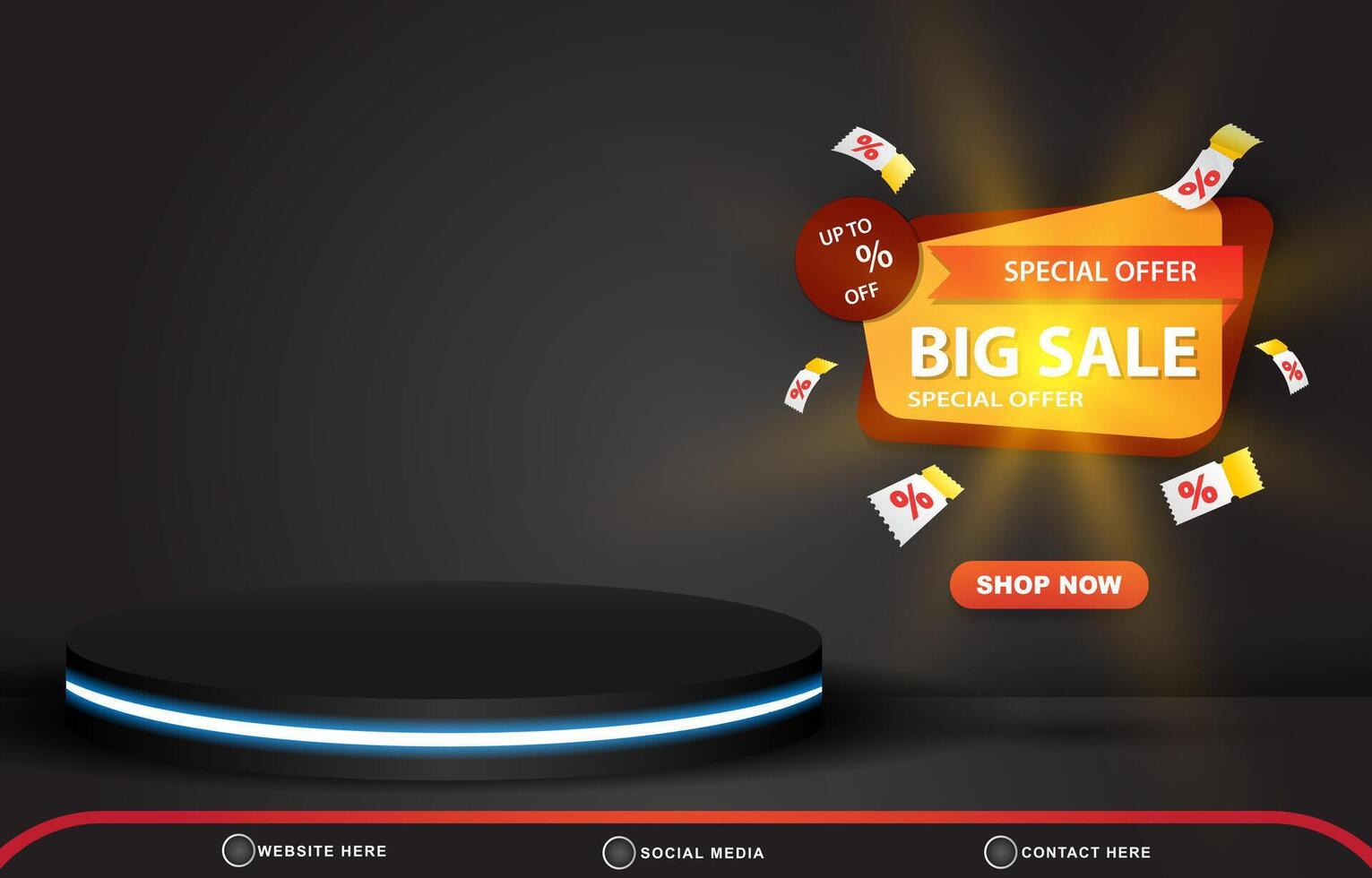 special offer big sale discount template banner with blank space 3d podium for product sale with abstract gradient black background design vector