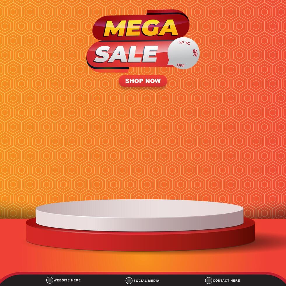 mega sale discount for social media post banner with blank space 3d podium for product sale with abstract gradient orange and yellow background design vector