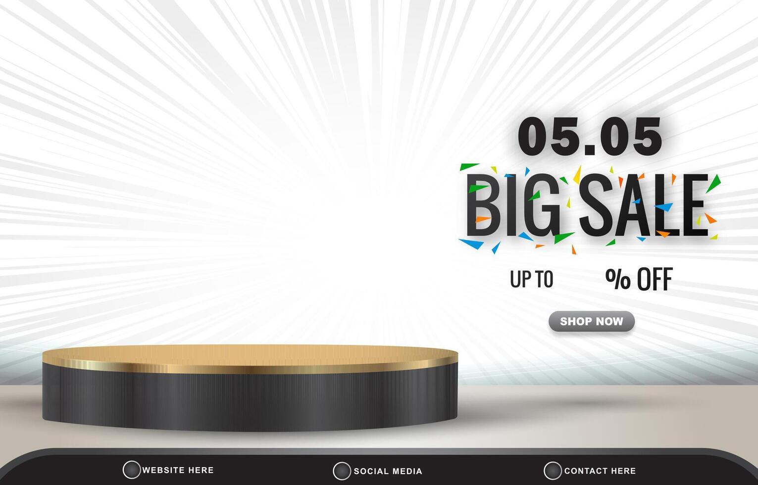 05.05 big sale discount template banner with blank space 3d podium for product sale with abstract gradient white background design vector