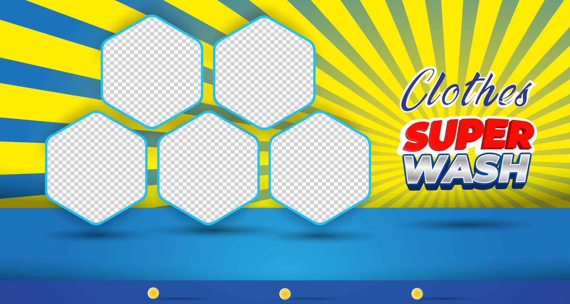 clothes super wash landscape template banner and copy space frame for product sale with abstract gradient blue and yellow background design vector