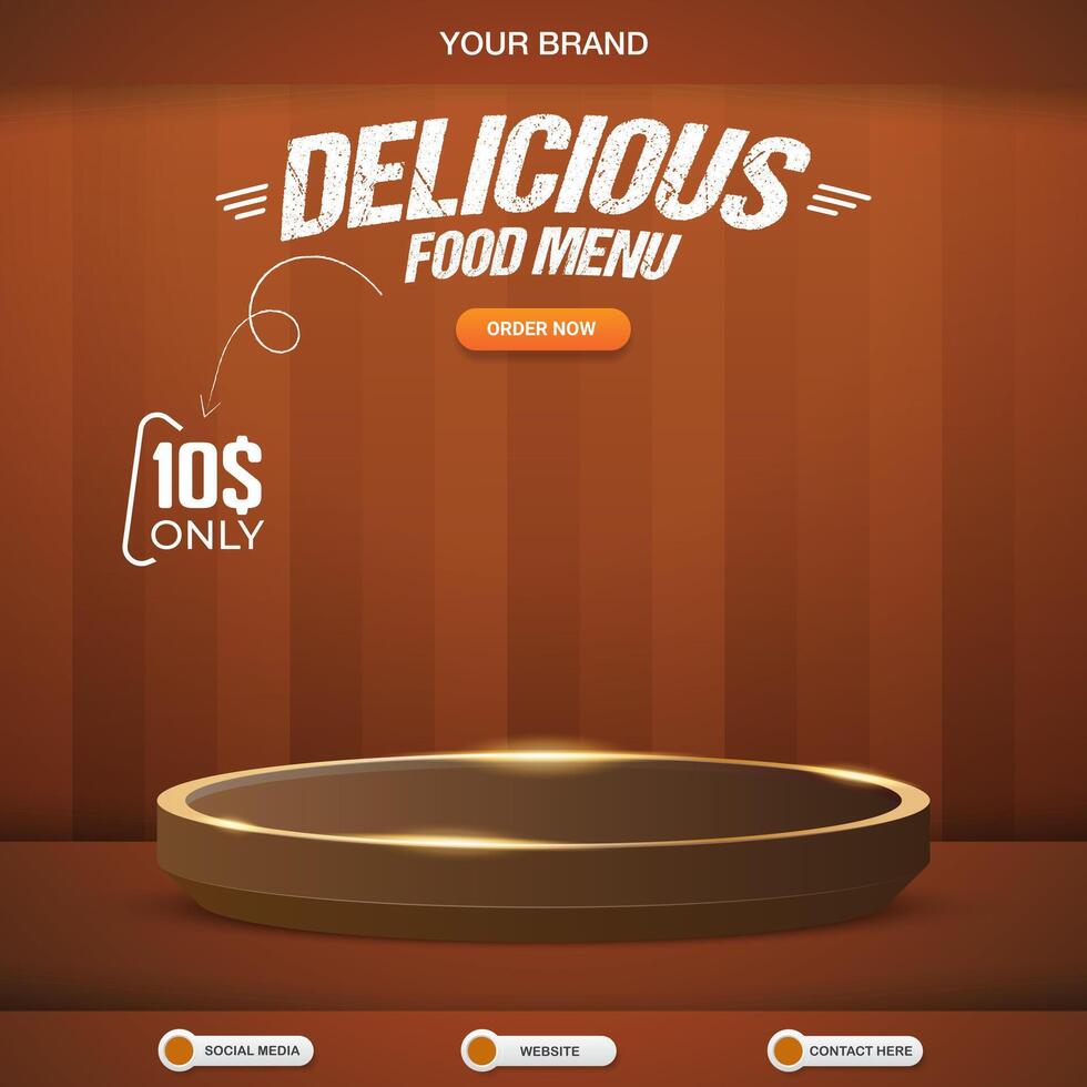 delicious food menu square banner for social media post with copy space 3d podium for food sale with abstract gradient brown background design vector