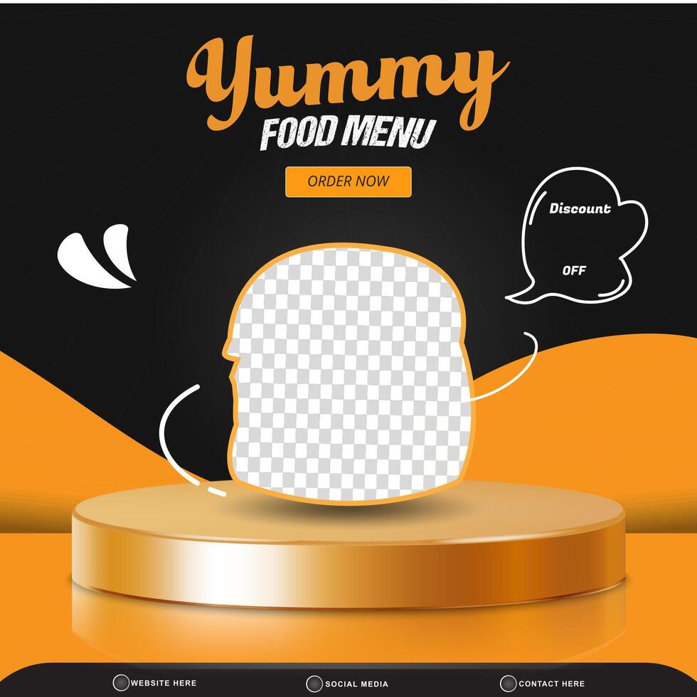 food menu sale discount square social media post template banner with copy space 3d podium with abstract gradient black and orange background design vector