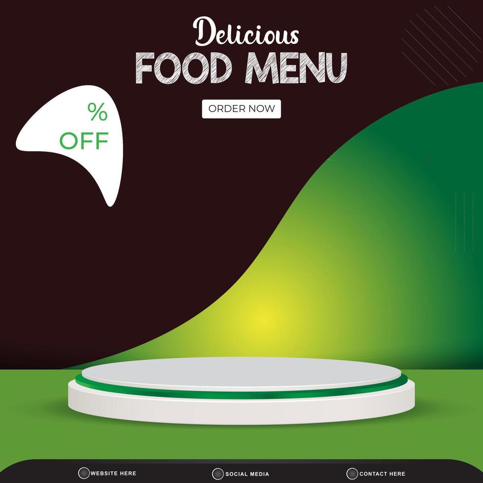 delicious food menu sale discount square social media post template banner with copy space 3d podium with abstract gradient black and green background design vector