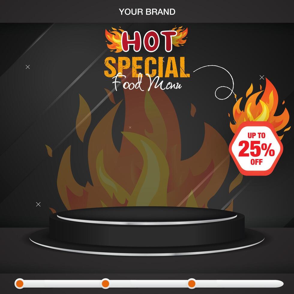 hot special food menu square banner for social media post with copy space 3d podium for food sale with abstract gradient black and orange background design vector