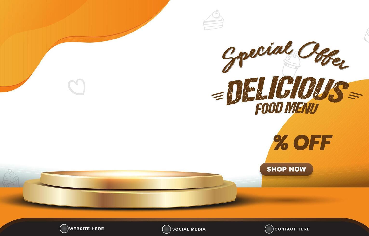 special offer delicious food menu sale discount with landscape social media post tempate banner with copy space 3d podium for food sale with abstract gradient orange and white background design vector