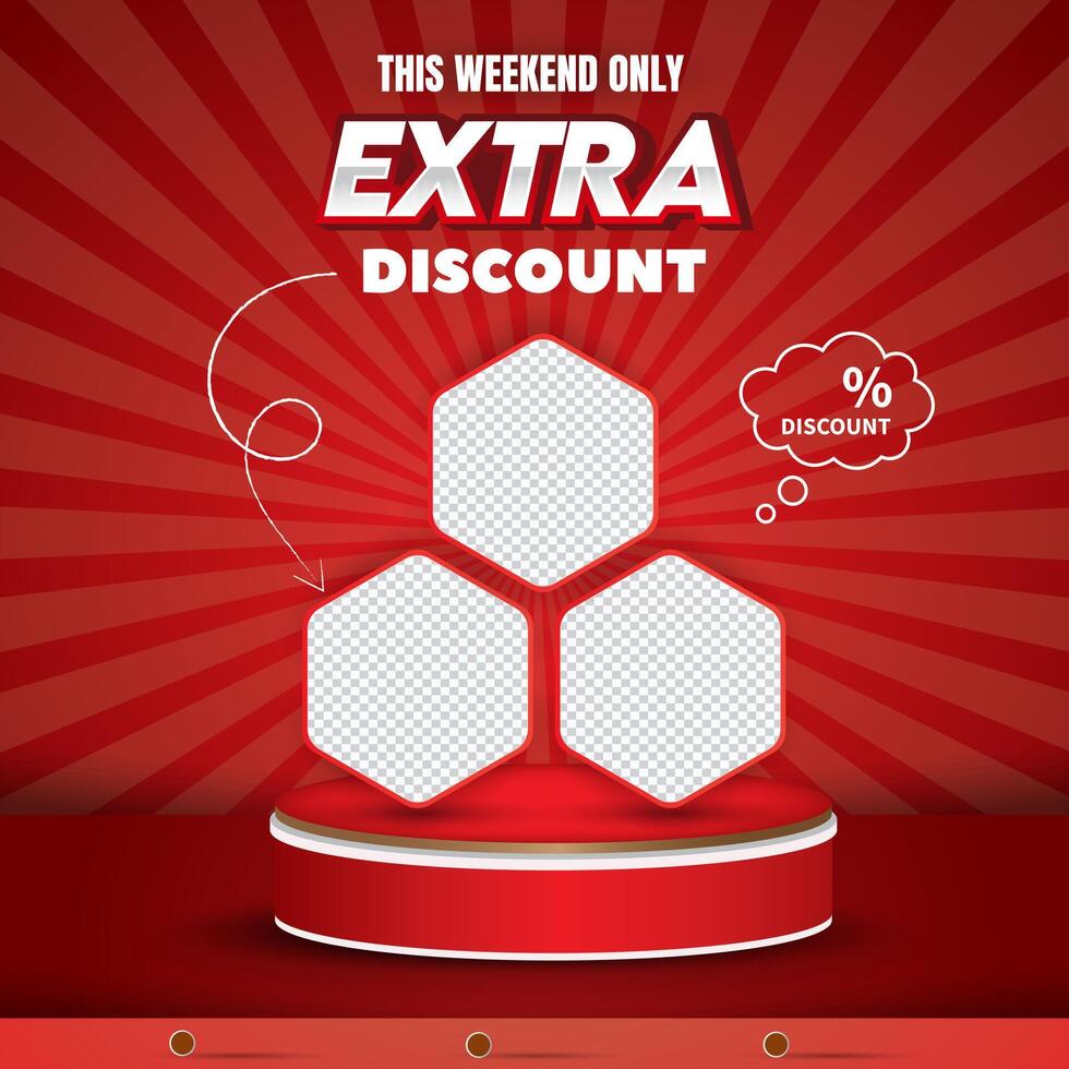 weekend extra discount square banner for social media post with copy space 3d podium for product sale with abstract gradient red background design vector