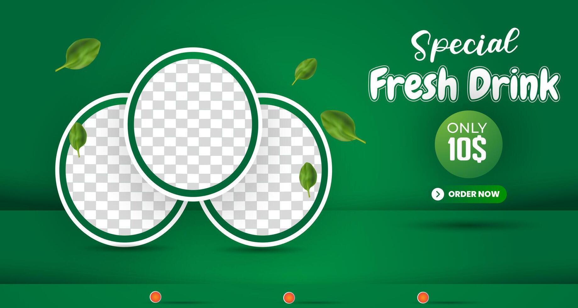 special fresh drink with landscape template banner and copy space frame for drink sale with abstract gradient green background design vector