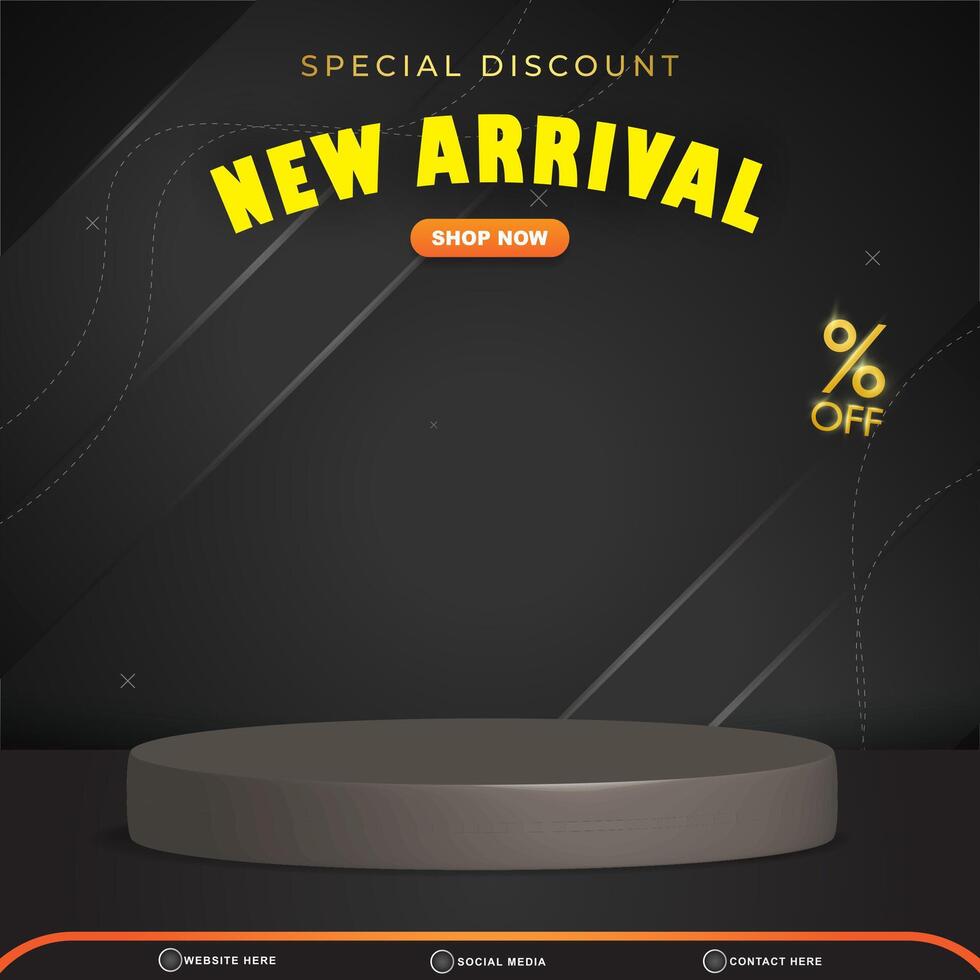 special discount new arrival discount square social media post template banner with copy space 3d podium with abstract gradient black background design vector
