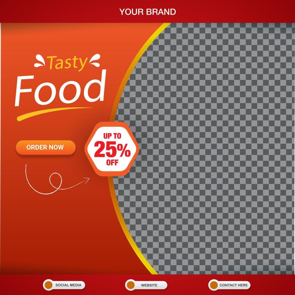 tasty food menu square banner for social media post with copy space frame for food sale with abstract gradient orange background design vector