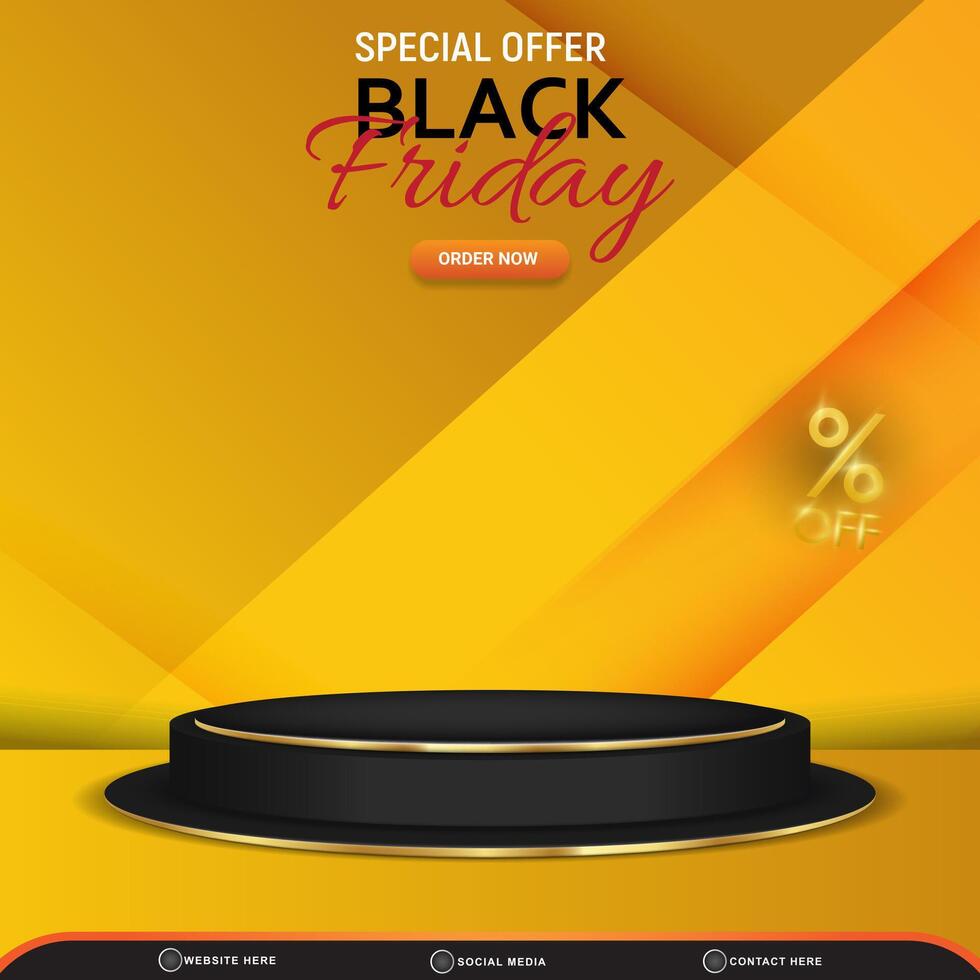 special offer black friday square background for social media post with copy space 3d podium for product sale with abstract gradient orange and yellow design vector