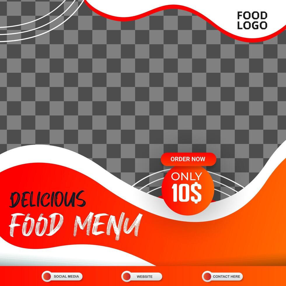 delicious food menu square banner for social media post with copy space frame for food sale with abstract gradient orange and red background design vector