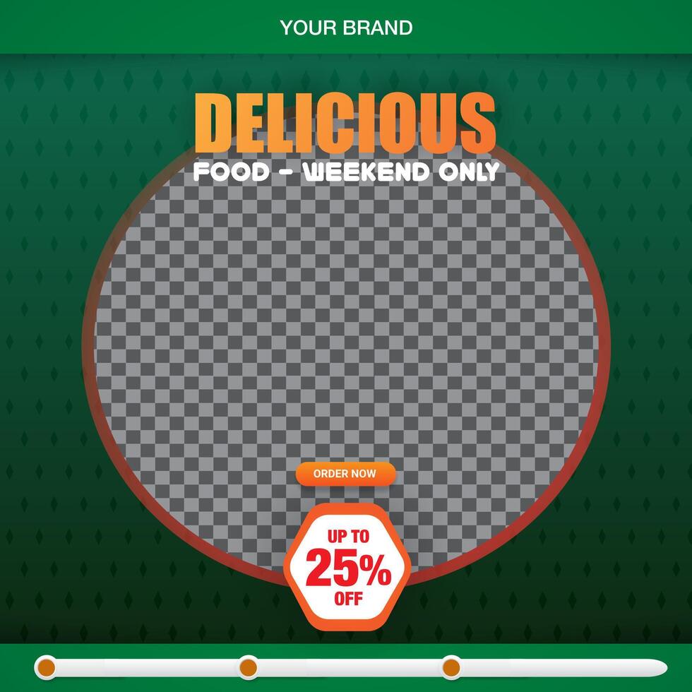 delicious food menu square banner for social media post with copy space frame for food sale with abstract gradient green background design vector