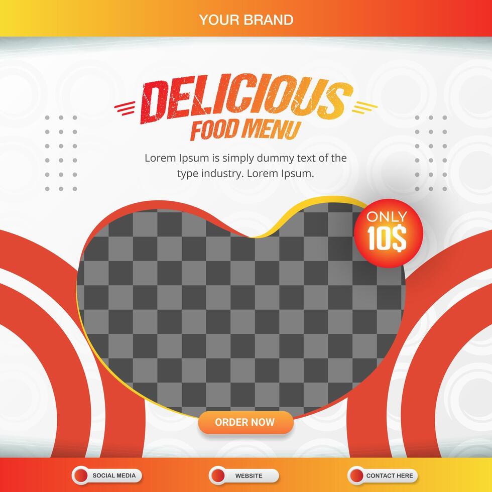 delicious food menu square banner for social media post with copy space frame for food sale with abstract gradient orange and yellow background design vector