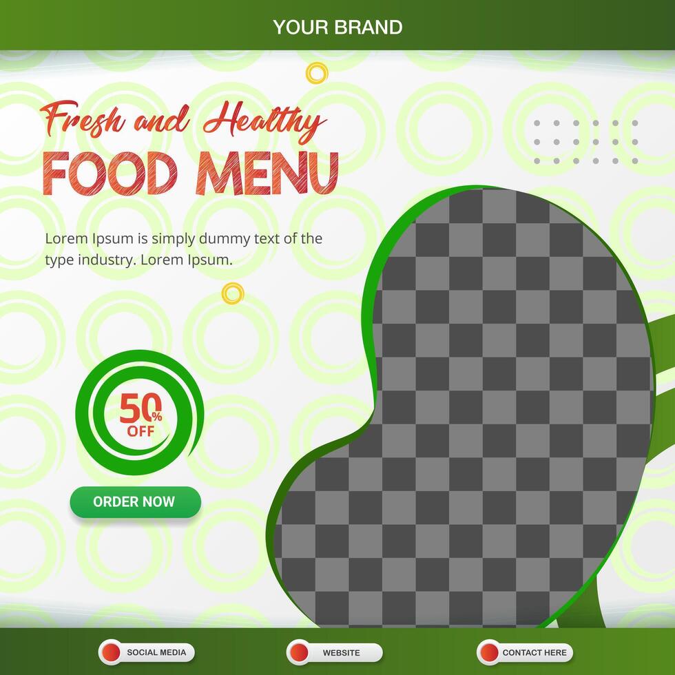 fresh and healthy food menu square banner for social media post with copy space frame for food sale with abstract gradient green and white background design vector