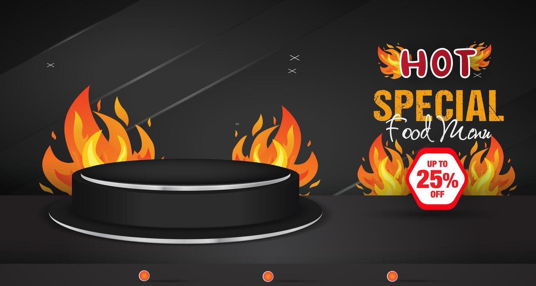 hot special food menu discount with landscape template banner and copy space 3d podium for food sale with abstract gradient black background design vector