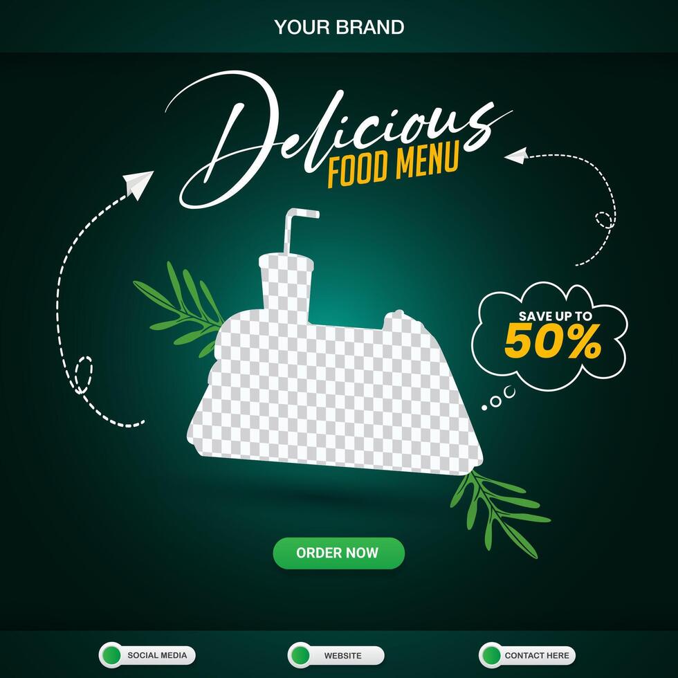 delicious food menu square banner for social media post with copy space frame for food sale with abstract gradient black and green background design vector