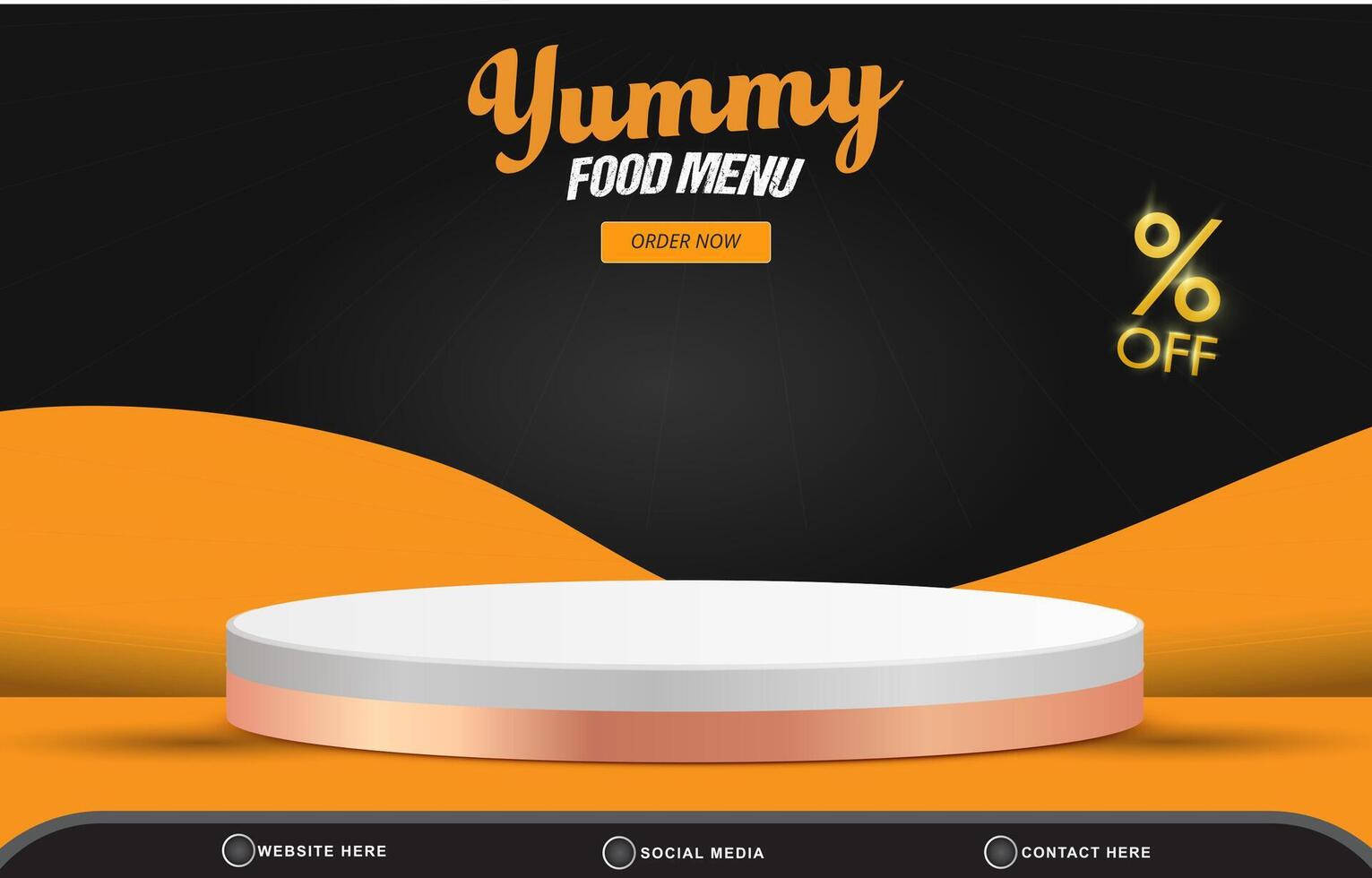 food menu sale social media landscape post tempate banner with copy space 3d podium with abstract gradient black and orange background design vector