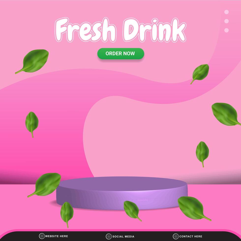 fresh drink discount square social media post template banner with copy space 3d podium with abstract gradient pink background design vector