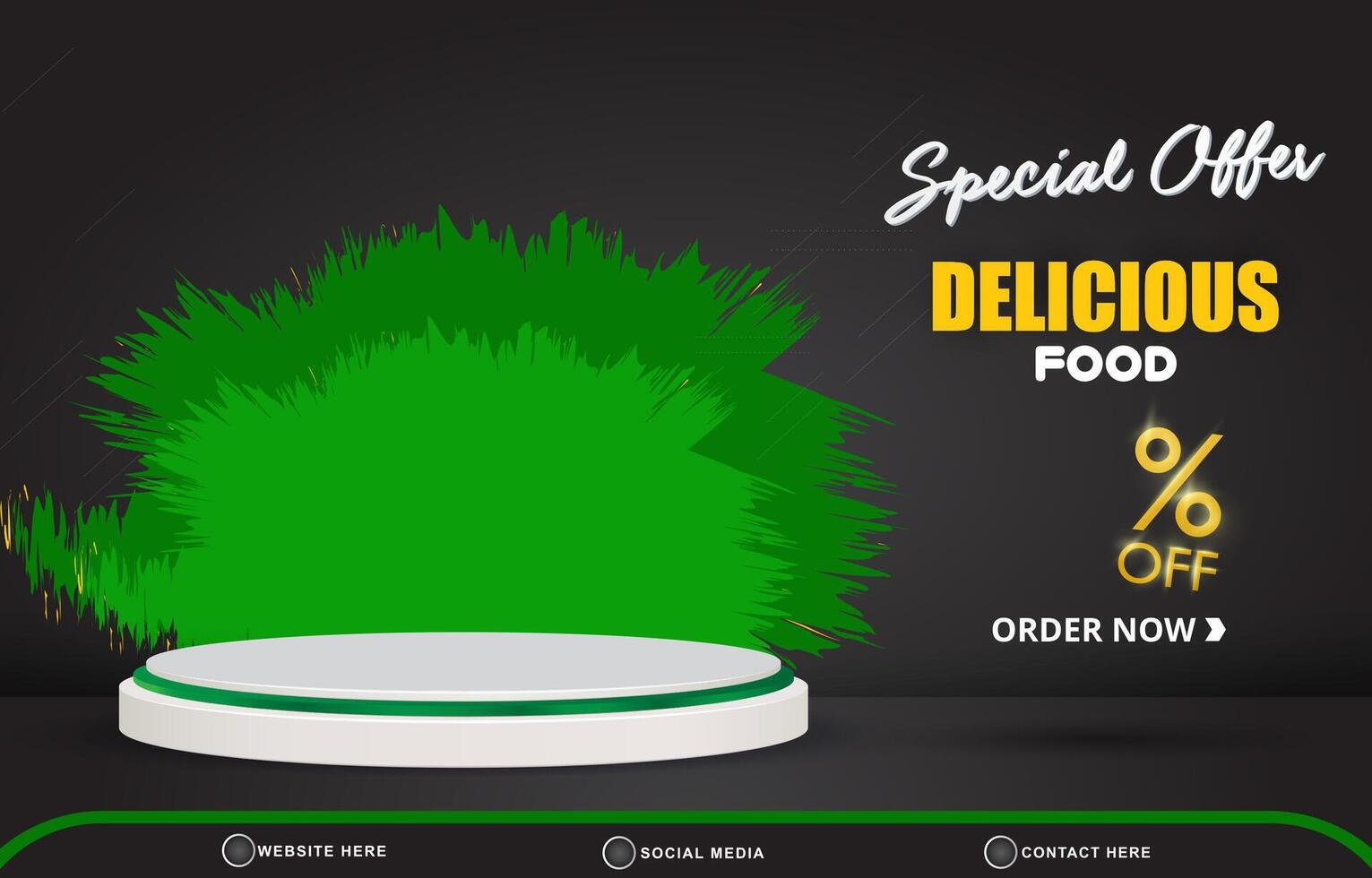 special offer delicious food menu sale discount landscape social media post tempate banner with copy space 3d podium for food sale with abstract gradient black and green background design vector