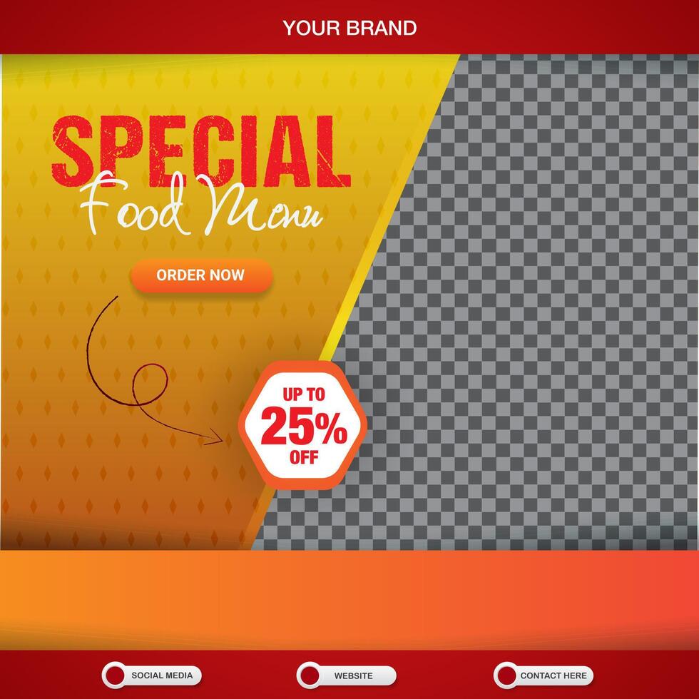 special food menu square banner for social media post with copy space frame for food sale with abstract gradient orange background design vector