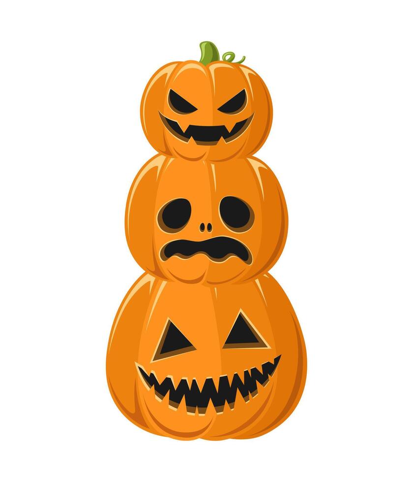 Stack of Jack O Lanterns, Cute Funny Halloween Pumpkins, Creepy Spooky Scary Decorations vector