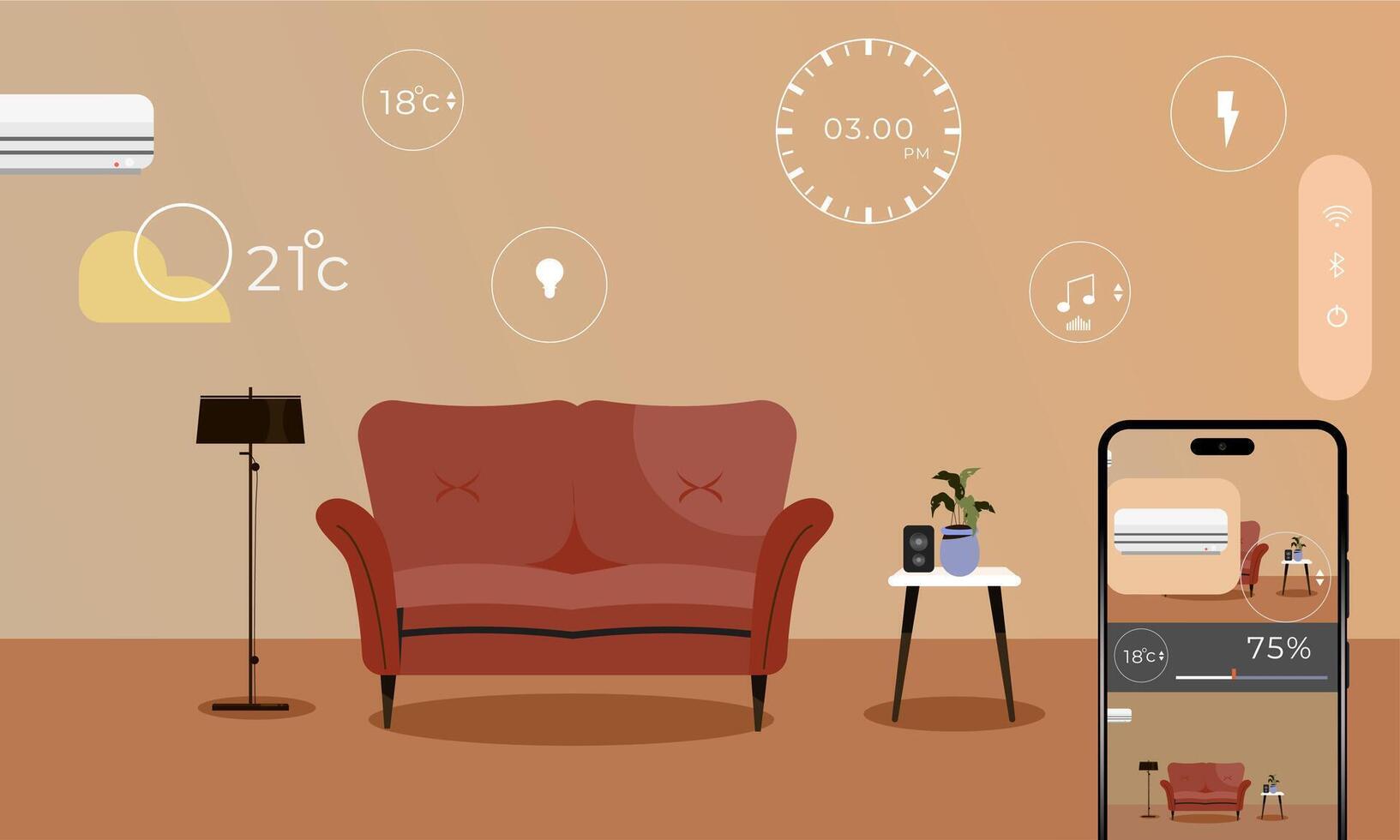 A living room with a couch, a phone and a thermostat vector
