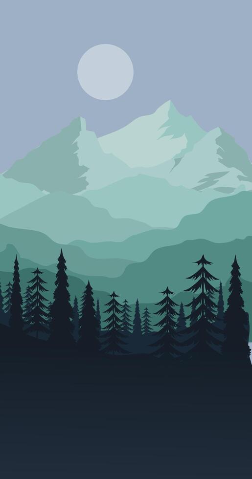A mountain landscape with trees and a moon vector