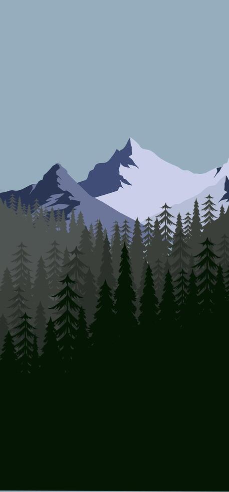 Mountain landscape with pine trees and snow capped mountains vector