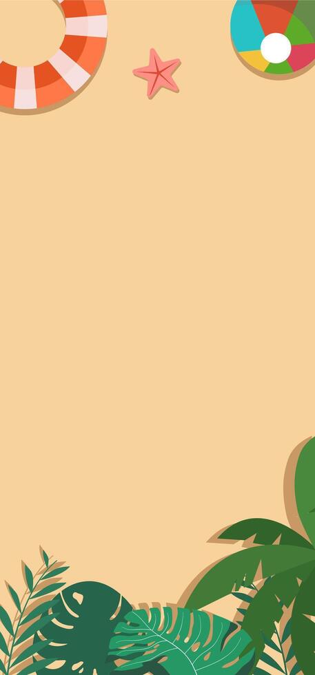 Tropical beach background with palm leaves and life preserver vector
