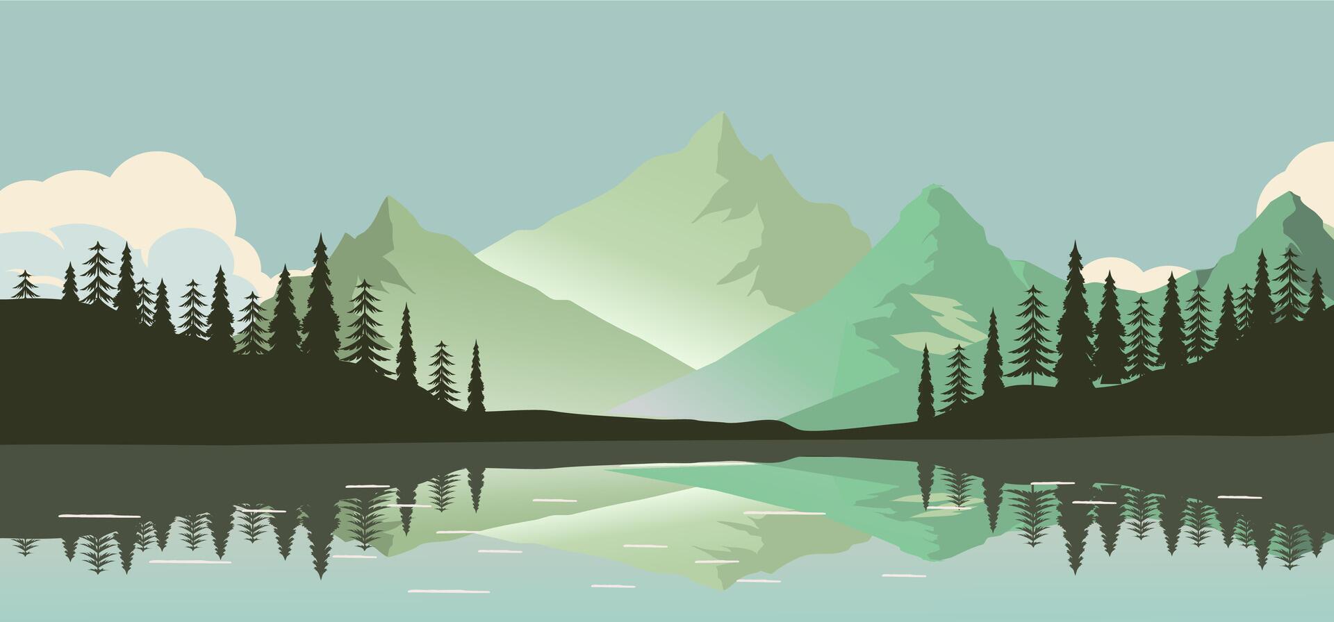 A mountain landscape with trees and water vector