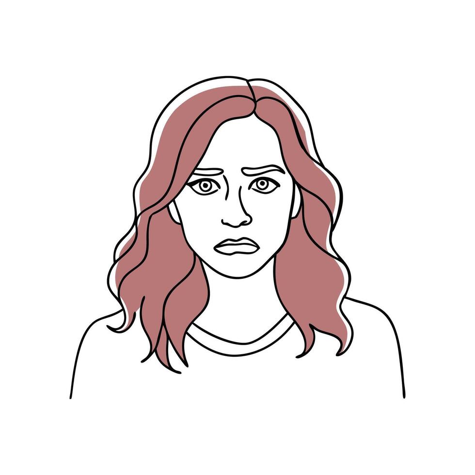 A cartoon woman stands with a concerned expression continuous black line art isolated flat illustration on white background vector