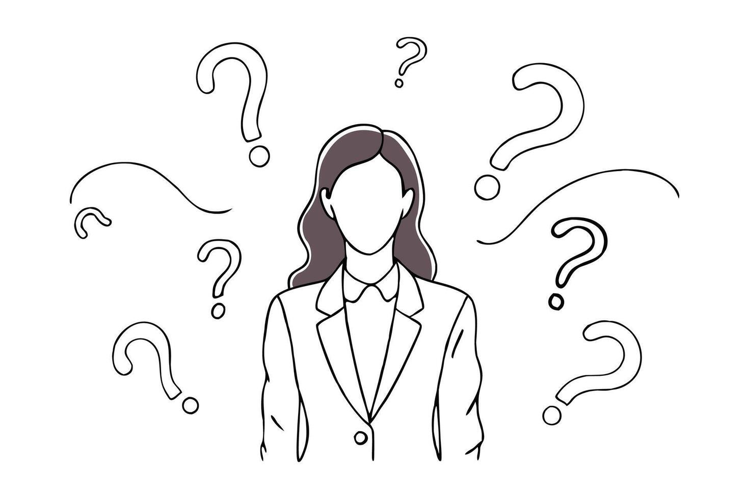 Woman dressed in a business suit stands poised in front of numerous question marks continuous black line art isolated flat illustration on white background vector