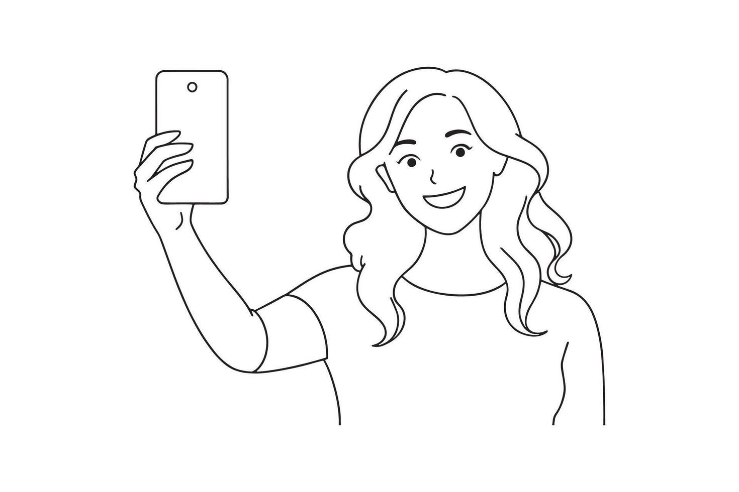 Woman smiling as she takes a selfie with her smartphone isolated doodle line art flat illustration on white backgorund. vector