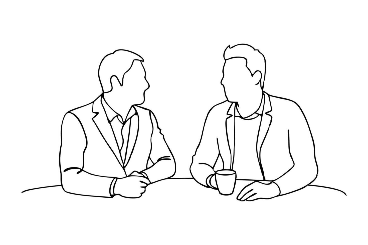 Two men seated at a table continuous line art flat illustration vector