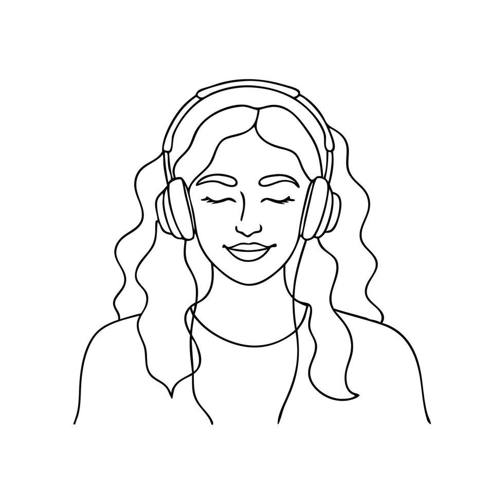Woman enjoying music through headphones continuous black line art isolated flat illustration on white background. vector