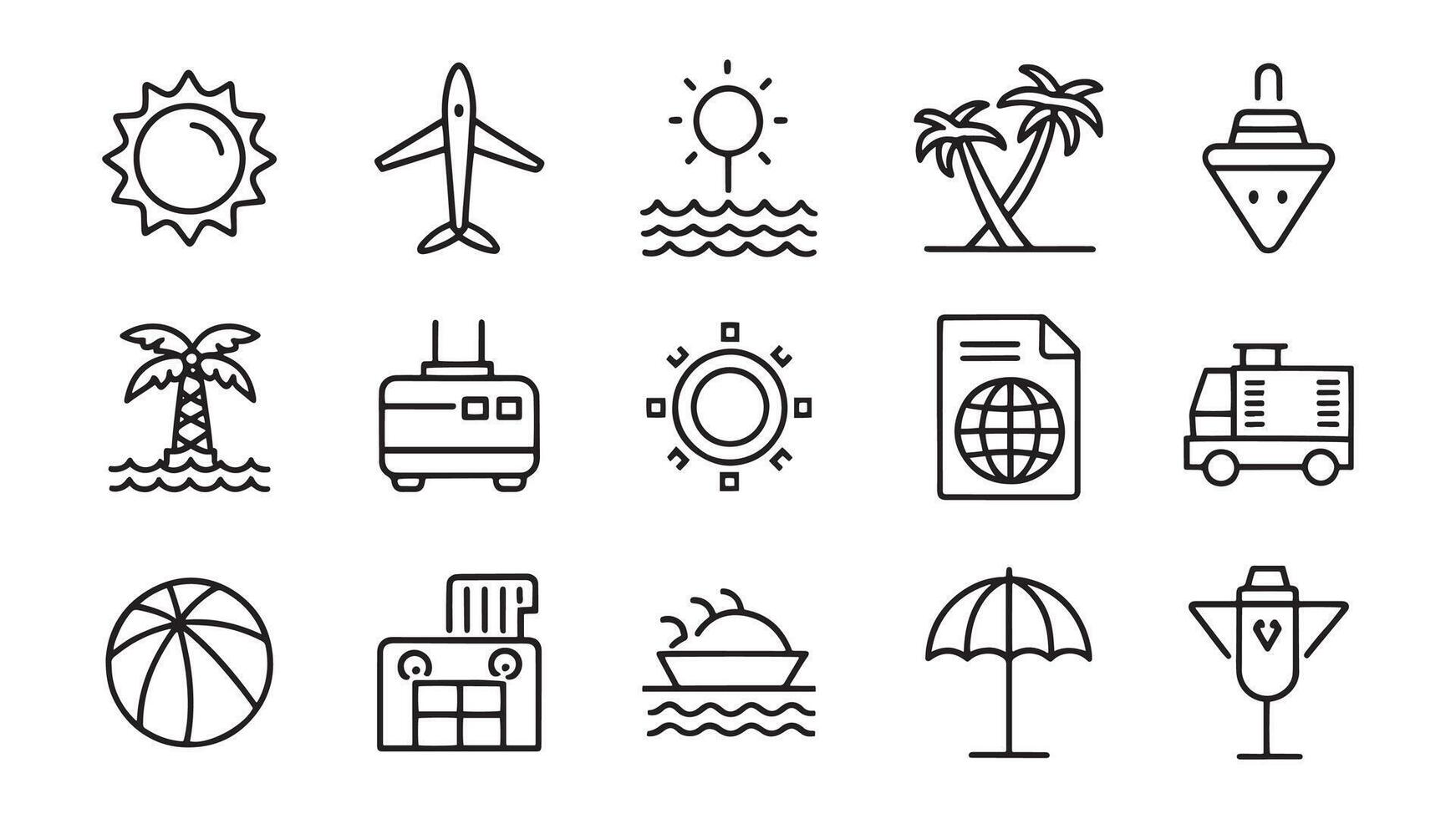 Summer holidays, travel, tourism and parties related Minimalist Black Line 15pcs icons set isolated on white background vector