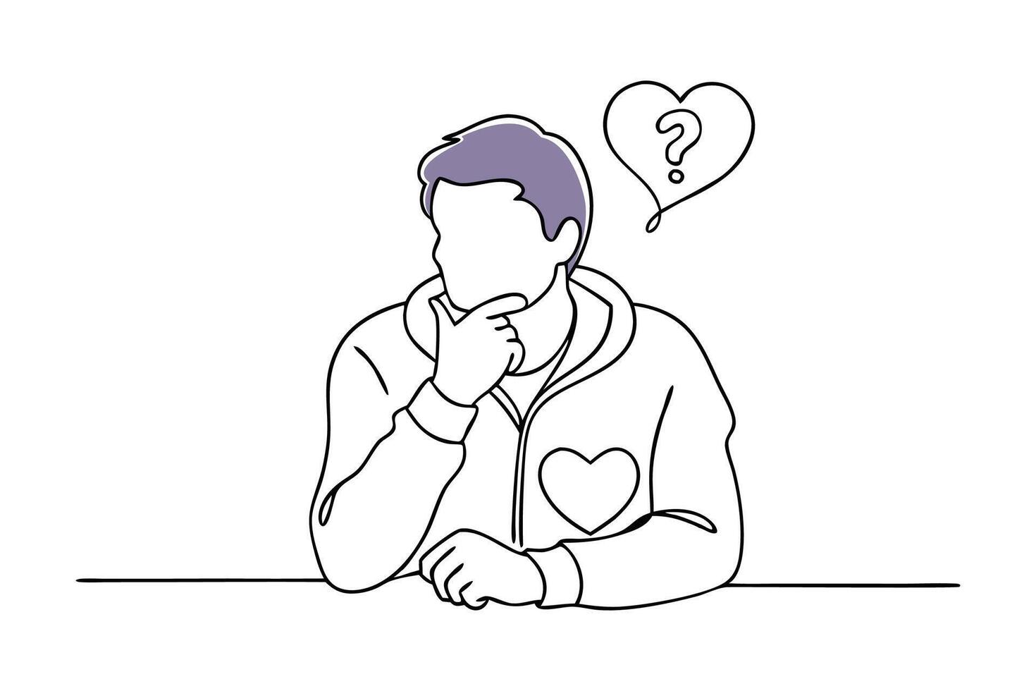 Person contemplating relationships continuous black line art isolated flat illustration on white background. vector