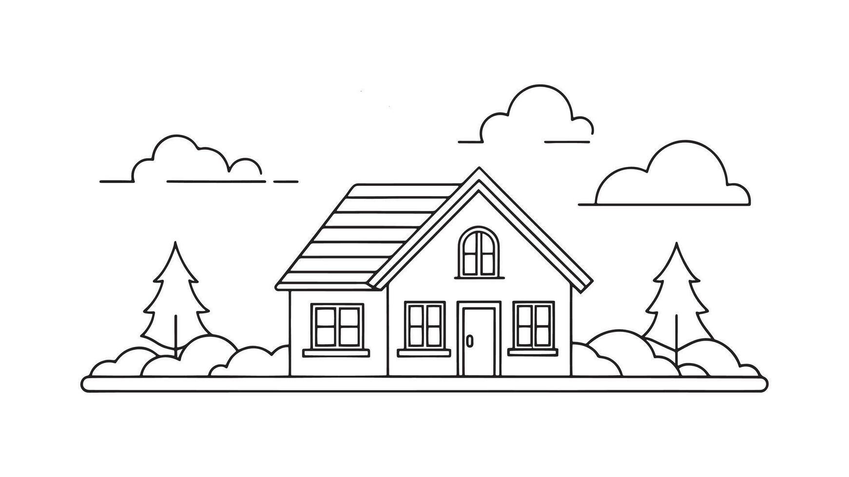 Sunset Cottage continuous line art isolated flat illustration on white background vector