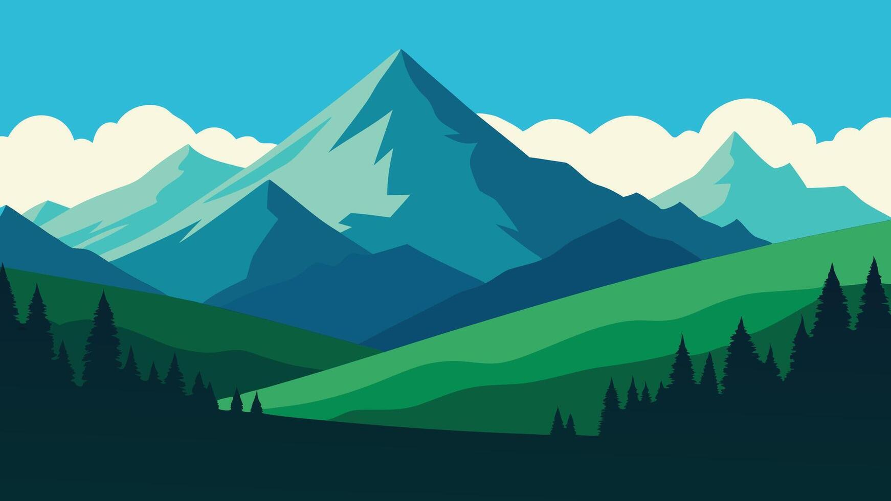 Mountain range featuring lush trees and green grass along its slopes, showcasing nature's beauty and tranquility flat illustration vector