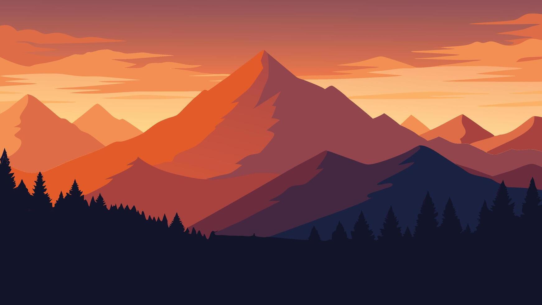 Aerial view showcasing majestic mountains and dense forest bathed in the warm hues of a sunset flat illustration vector