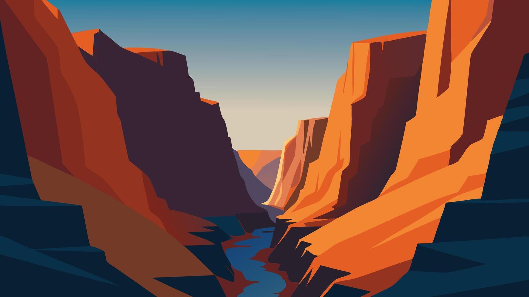 Narrow canyon filled with numerous rocks, showcasing the rugged terrain and steep walls of the natural landscape flat illustration. vector