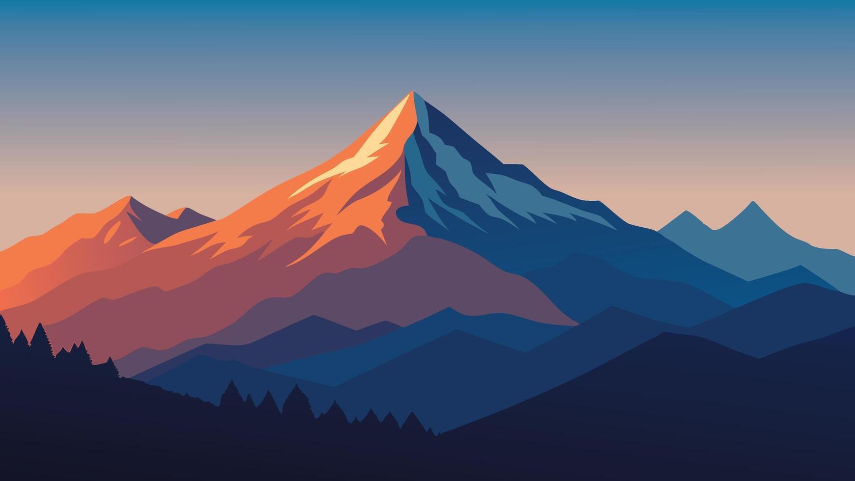 Majestic mountain range under a sky filled with fluffy clouds, showcasing nature's beauty and tranquility flat illustration. vector