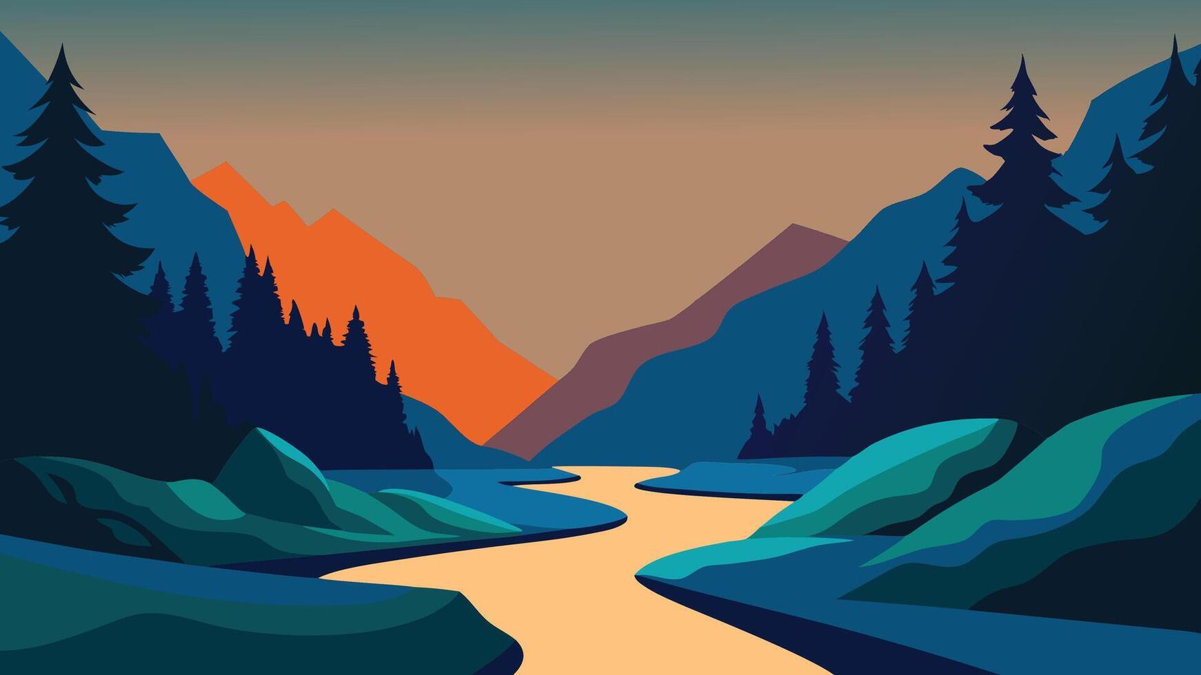 River flows over rocks, framed by lush trees in the background, creating a tranquil natural scene flat illustration vector